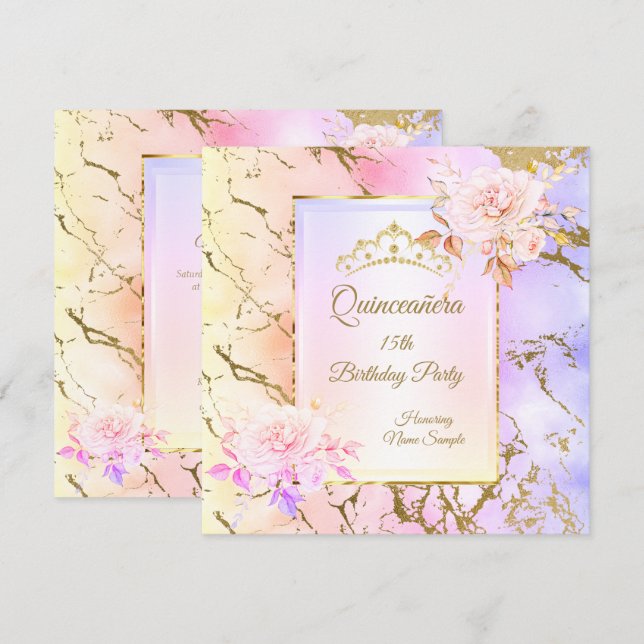 Quinceanera Rose  Purple Pink Gold Birthday Party Invitation (Front/Back)