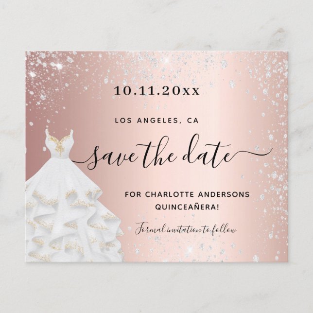 Quinceanera rose silver dress budget save the date flyer (Front)