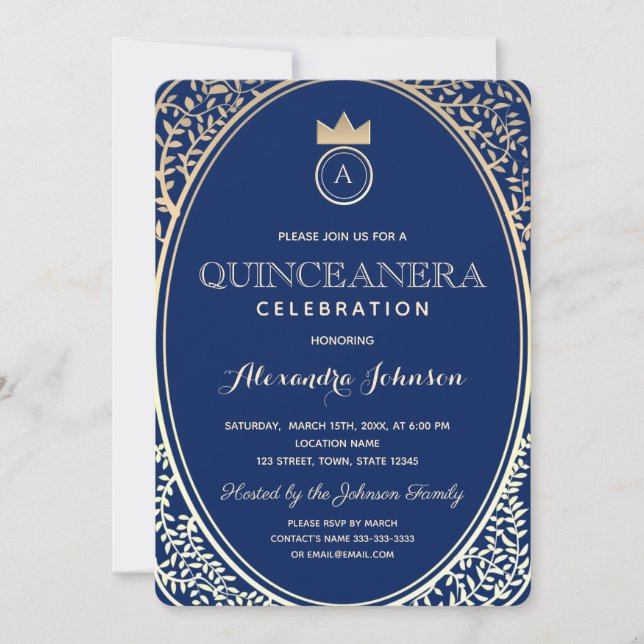 Quinceanera Royal Blue and Gold Princess Monogram Invitation (Front)