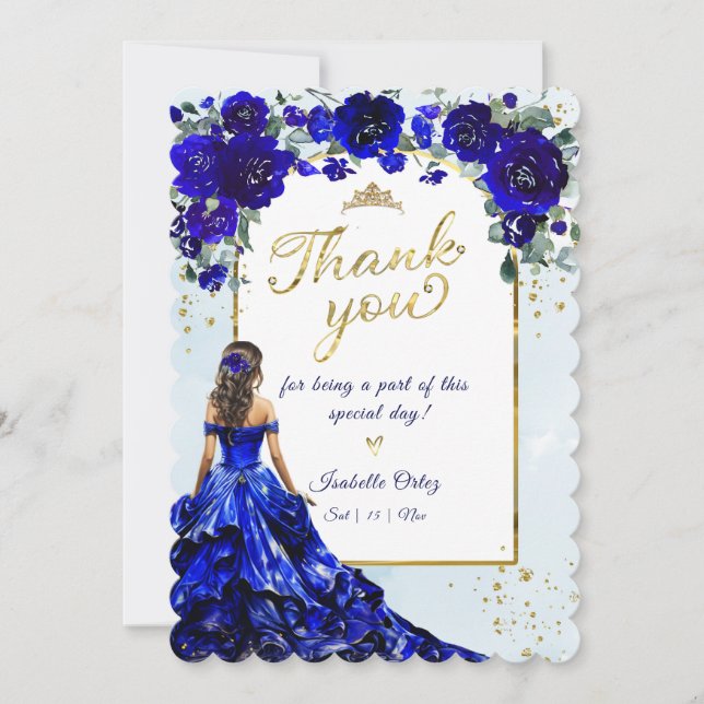 Quinceañera Royal Blue and Gold Thank you Invitation (Front)