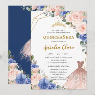 Quinceañera Royal Blue Blush Floral Ball Gown Invitation