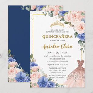 Quinceañera Royal Blue Blush Floral Dress Tiara Invitation