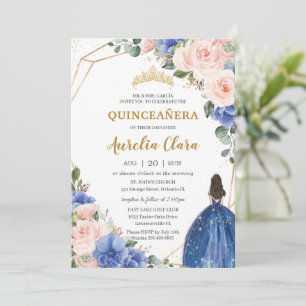 Quinceañera Royal Blue Blush Floral Gold Princess  Invitation