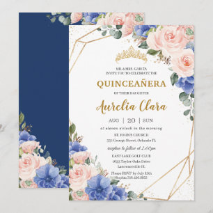 Quinceañera Royal Blue Blush Floral Gold Tiara Invitation
