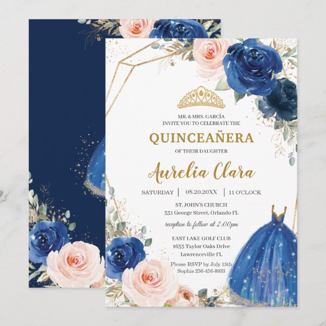 Quinceañera Royal Blue Blush Floral Rose Ball Gown Invitation (Front/Back)