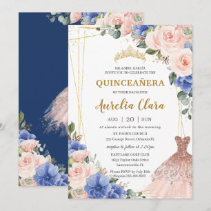 Quinceañera Royal Blue Blush Floral Tiara Dress Invitation