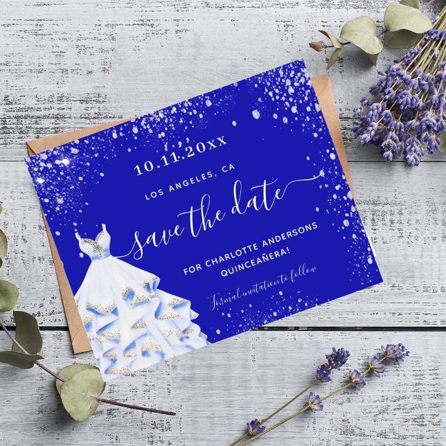 Quinceanera royal blue dress save the date card (Creator Uploaded)