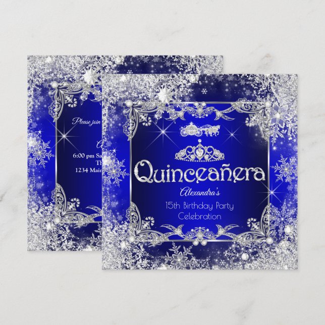 Quinceanera Royal Blue Fairytale Winter Wonderland Invitation (Front/Back)