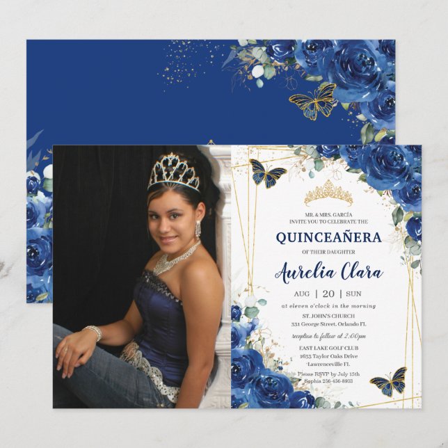 Quinceañera Royal Blue Floral Butterflies Birthday Invitation (Front/Back)