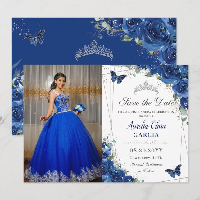 Quinceañera Royal Blue Floral Butterflies Birthday Save The Date (Front/Back)