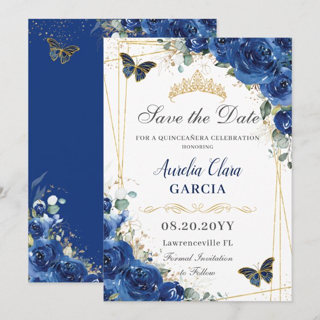 Quinceañera Royal Blue Floral Butterflies Birthday Save The Date (Front/Back)