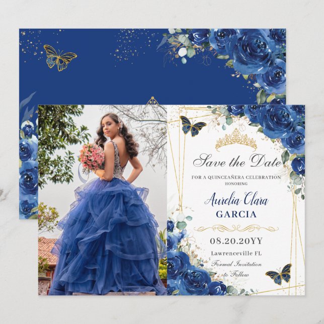 Quinceañera Royal Blue Floral Butterflies Birthday Save The Date (Front/Back)