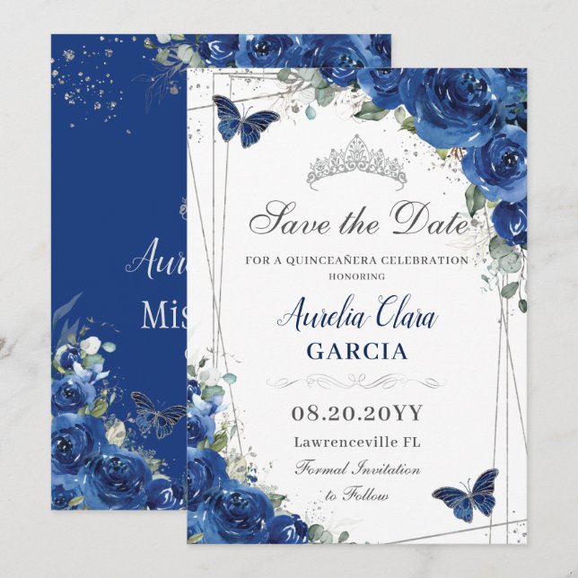 Quinceañera Royal Blue Floral Butterflies Birthday Save The Date (Front/Back)