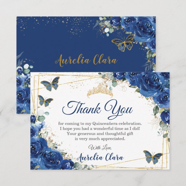 Quinceañera Royal Blue Floral Butterflies Birthday Thank You Card (Front/Back)