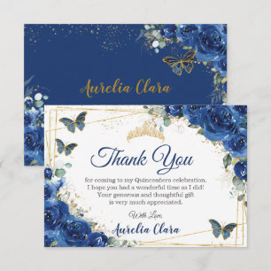 Quinceañera Royal Blue Floral Butterflies Birthday Thank You Card