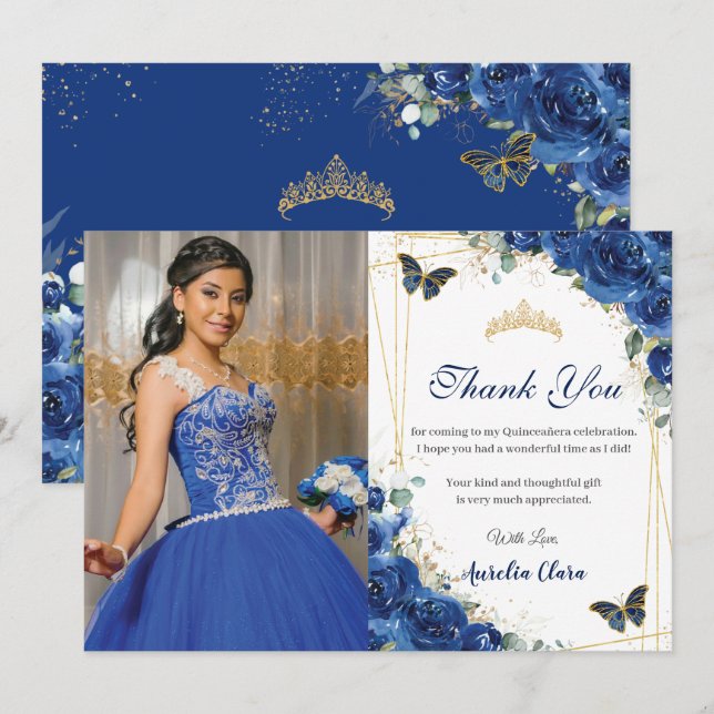 Quinceañera Royal Blue Floral Butterflies Birthday Thank You Card (Front/Back)