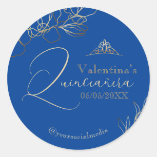 Quinceañera Royal Blue Floral Classic Round Sticker