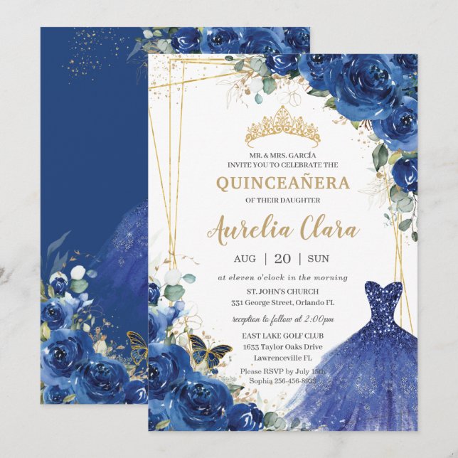 Quinceañera Royal Blue Floral Dress 16th Birthday Invitation (Front/Back)