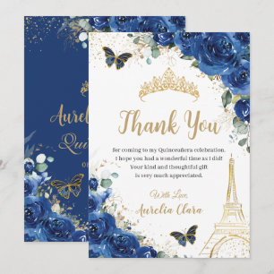 Quinceañera Royal Blue Floral Eiffel 16th Birthday Thank You Card