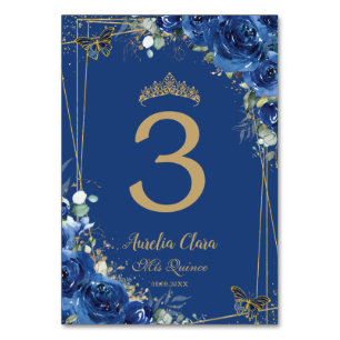 Quinceañera Royal Blue Floral Gold Butterflies Table Number