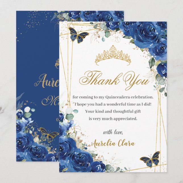 Quinceañera Royal Blue Floral Gold Butterflies Thank You Card (Front/Back)