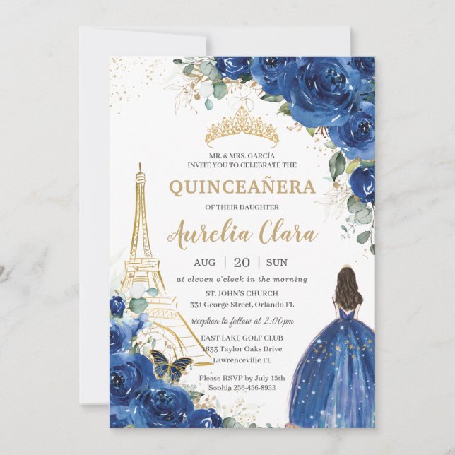 Quinceañera Royal Blue Floral Paris Eiffel Gold Invitation (Front)