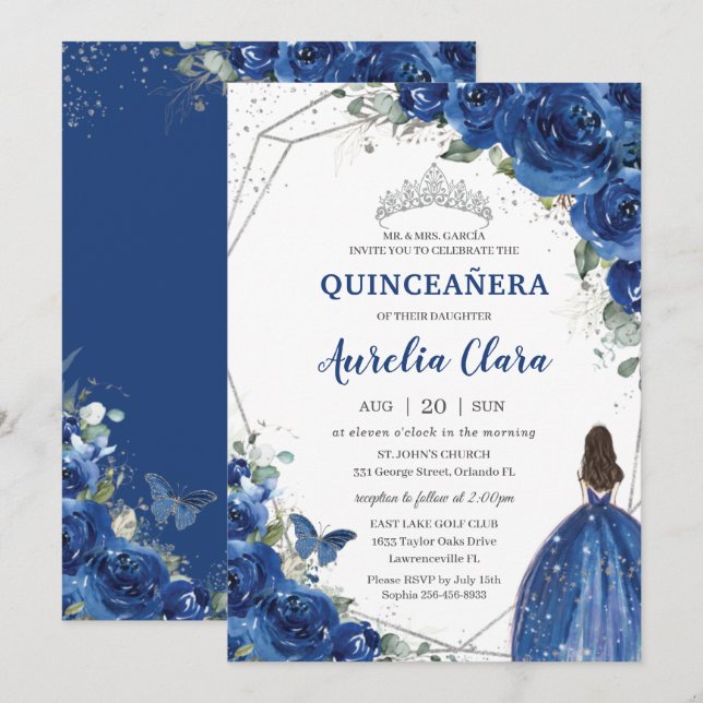 Quinceañera Royal Blue Floral Princess Birthday 15 Invitation (Front/Back)