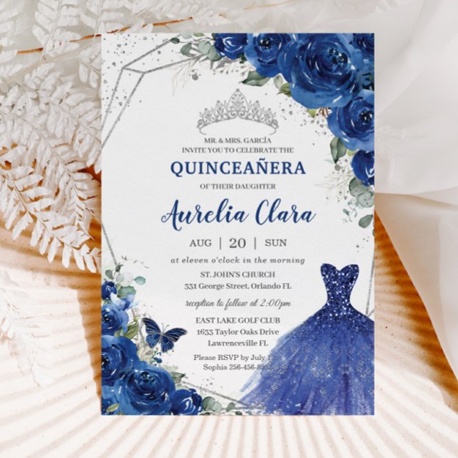 Quinceañera Royal Blue Floral Princess Birthday 15 Invitation (Creator Uploaded)