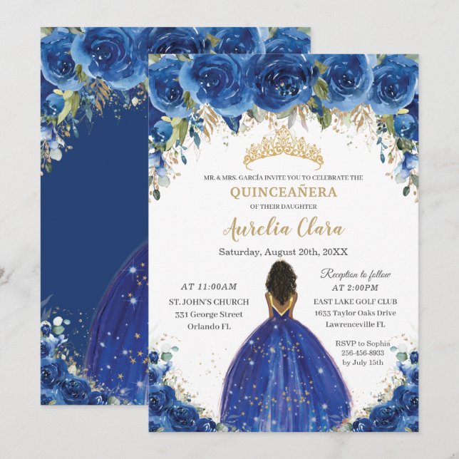 Quinceañera Royal Blue Floral Princess Birthday 16 Invitation (Front/Back)