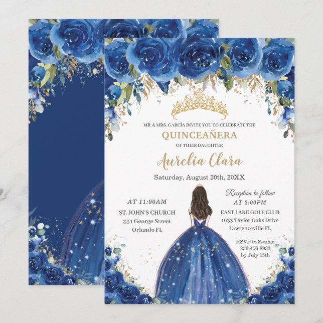 Quinceañera Royal Blue Floral Princess Birthday Invitation (Front/Back)