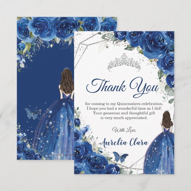Quinceañera Royal Blue Floral Princess Birthday  Thank You Card (Front/Back)