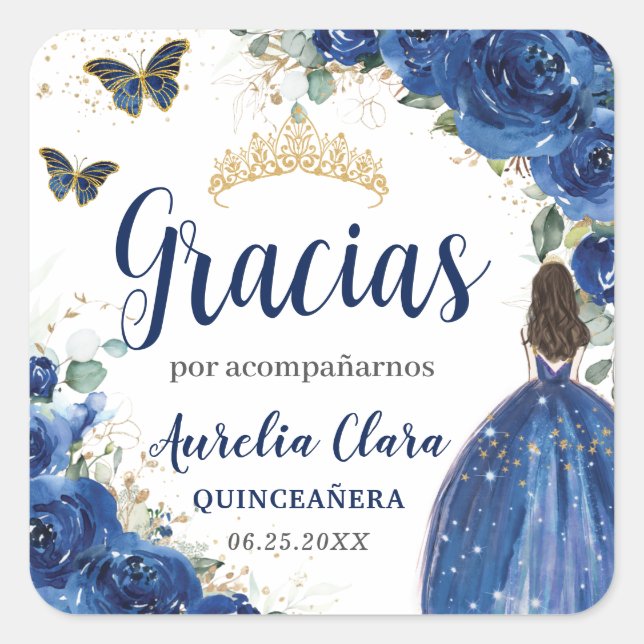 Quinceañera Royal Blue Floral Princess Dress Gold Square Sticker (Front)