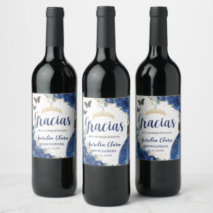 Quinceañera Royal Blue Floral Princess Dress Gold Wine Label