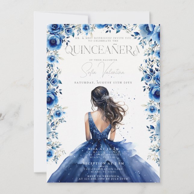 Quinceañera Royal blue Floral Princess Invitation (Front)