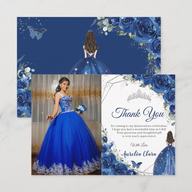 Quinceañera Royal Blue Floral Princess Picture Thank You Card (Front/Back)