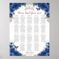 Quinceañera Royal Blue Floral Rose Gold Seating