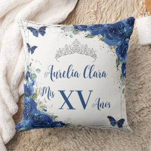 Quinceañera Royal Blue Floral Silver Butterflies Cushion