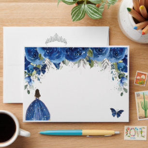 Quinceañera Royal Blue Floral Silver Butterflies Envelope