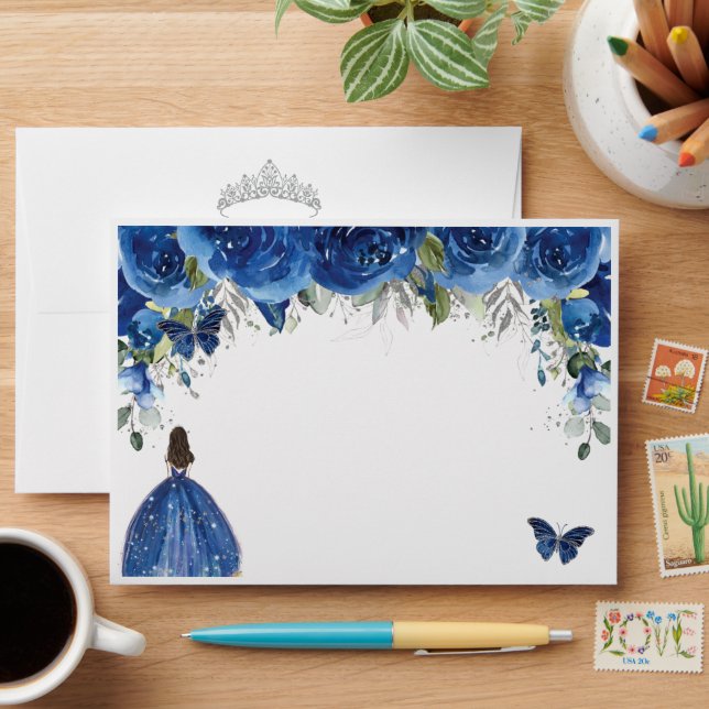 Quinceañera Royal Blue Floral Silver Butterflies Envelope (Desk)