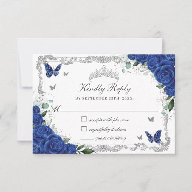 Quinceañera Royal Blue Floral Silver Butterflies  RSVP Card (Front)
