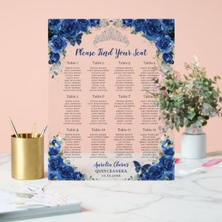 Quinceañera Royal Blue Floral Silver Seating Chart