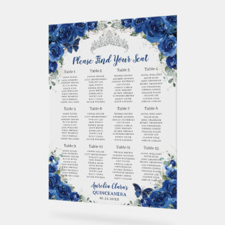 Quinceañera Royal Blue Floral Silver Seating Seat Acrylic Sign