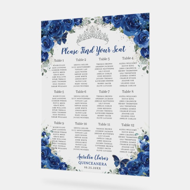 Quinceañera Royal Blue Floral Silver Seating Seat Acrylic Sign (Angle)