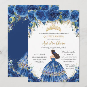Quinceañera Royal Blue Floral Tiara 15th Birthday Invitation