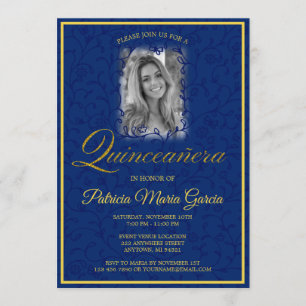 Quinceañera Royal blue floral vines with photo Invitation
