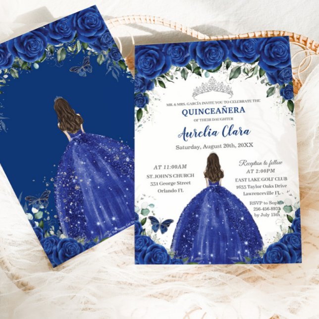 Quinceañera Royal Blue Flowers Princess Birthday Invitation (Creator Uploaded)