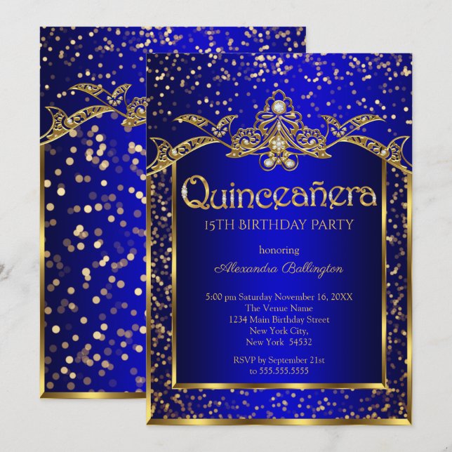 Quinceanera Royal Blue Gold Birthday Party Invitation (Front/Back)