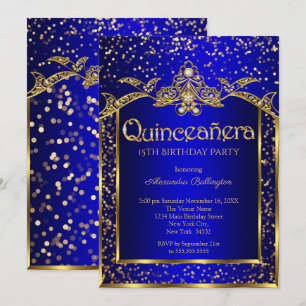 Quinceanera Royal Blue Gold Birthday Party Invitation