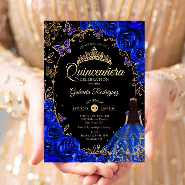 Quinceanera Royal Blue Gold Black Invitation (Creator Uploaded)