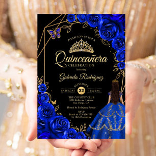 Quinceanera Royal Blue Gold Butterfly Dress Floral Invitation
